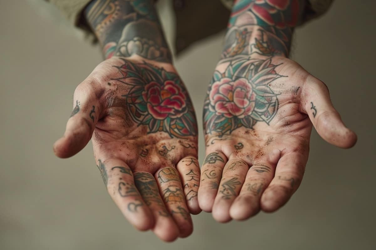 Mains d’homme tatouées posées sur une table dans un studio lumineux