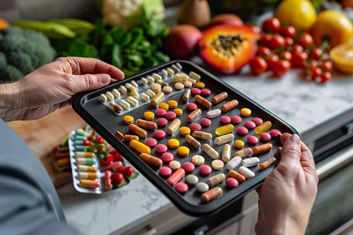 Étiquettes de compléments alimentaires comparées sur une table de cuisine lumineuse