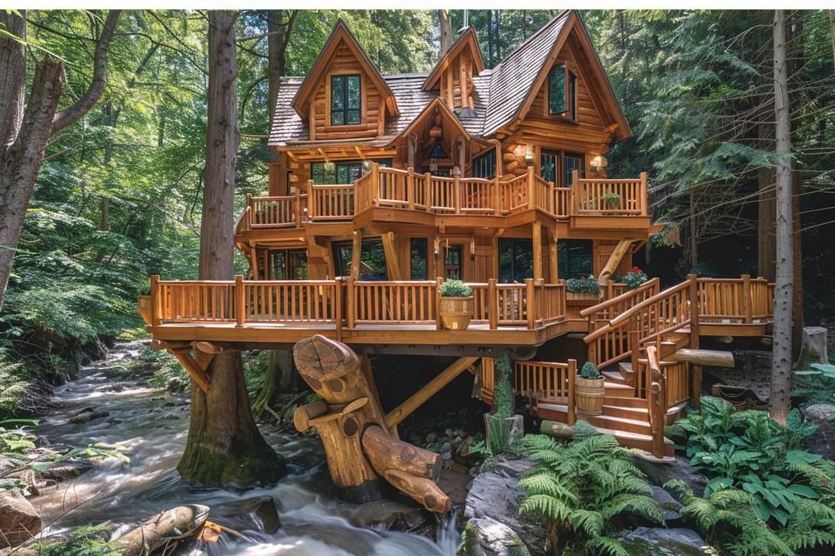 Petite cabane en bois sur poteaux près d’un arbre dans un jardin