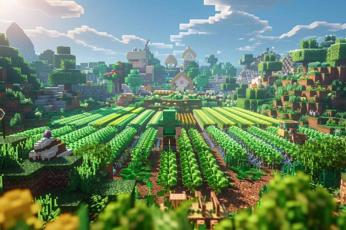 Ferme Minecraft quadrillée avec cultures, eau centrale, clôture et coffre de stockage