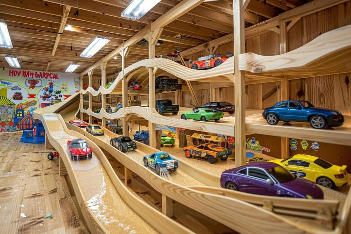 Garage miniature en contreplaqué avec rampe et petites voitures en bois