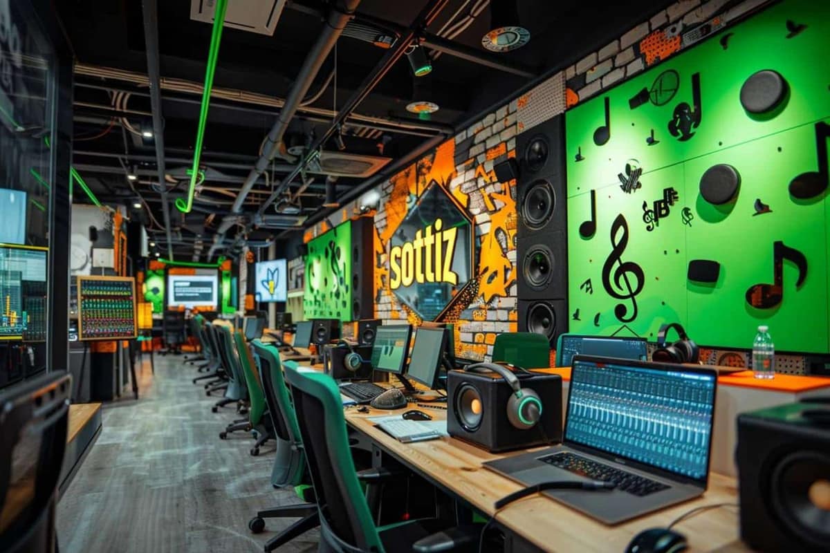 Smartphone et ordinateur ouverts sur une assistance de streaming musical à domicile