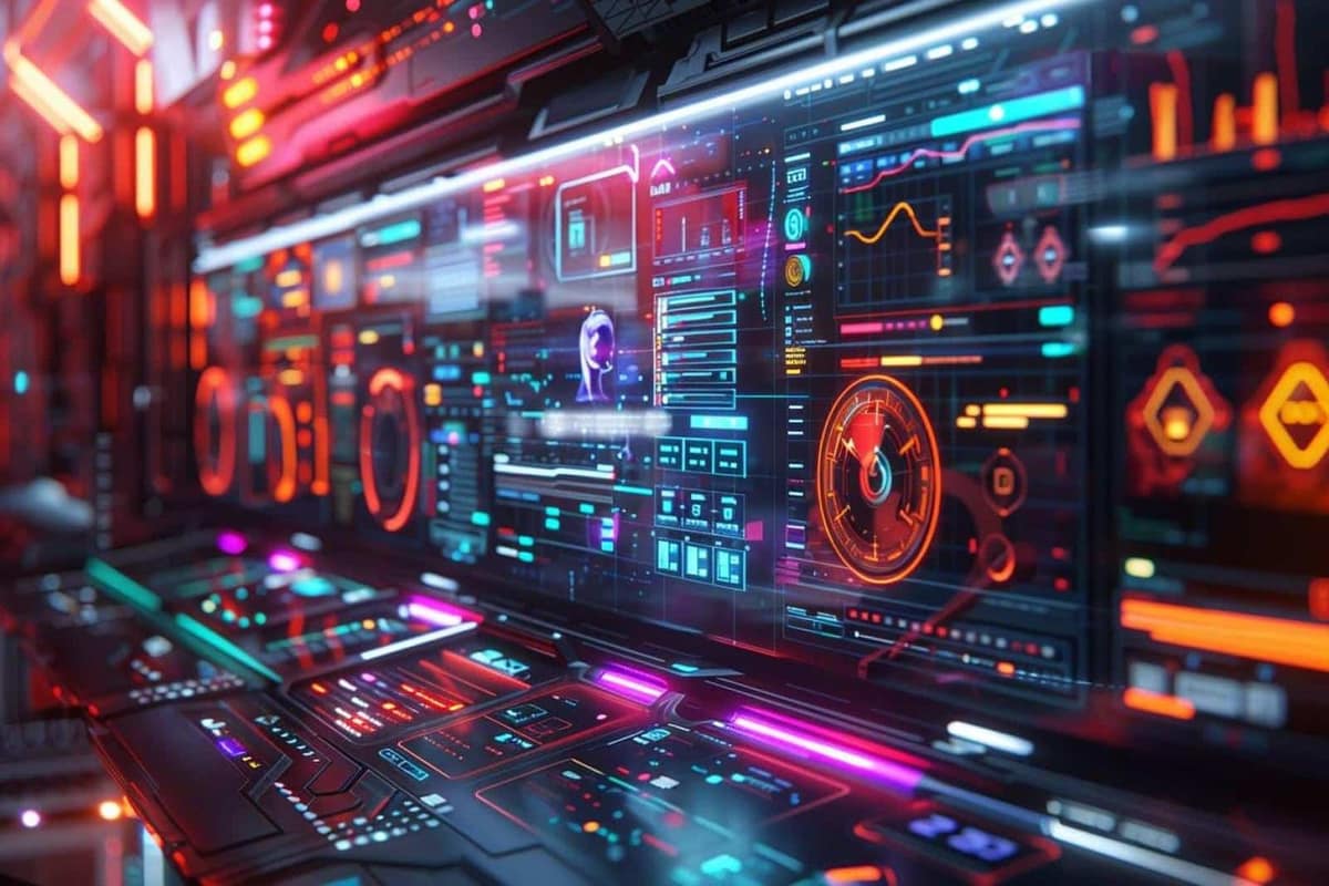 Ordinateur portable affichant une scène de jeu éducatif colorée en cours de création