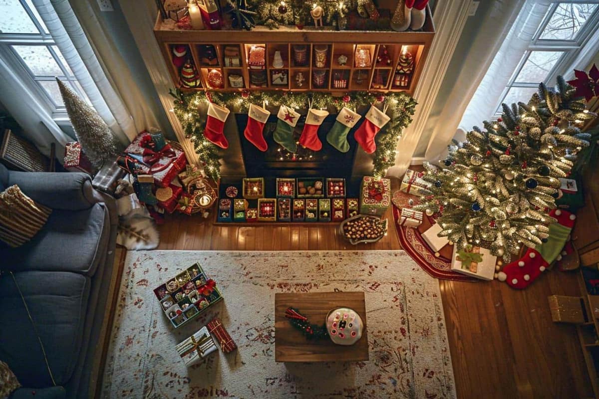 Calendrier de l’Avent en sachets kraft suspendus sur deux cordes décorées