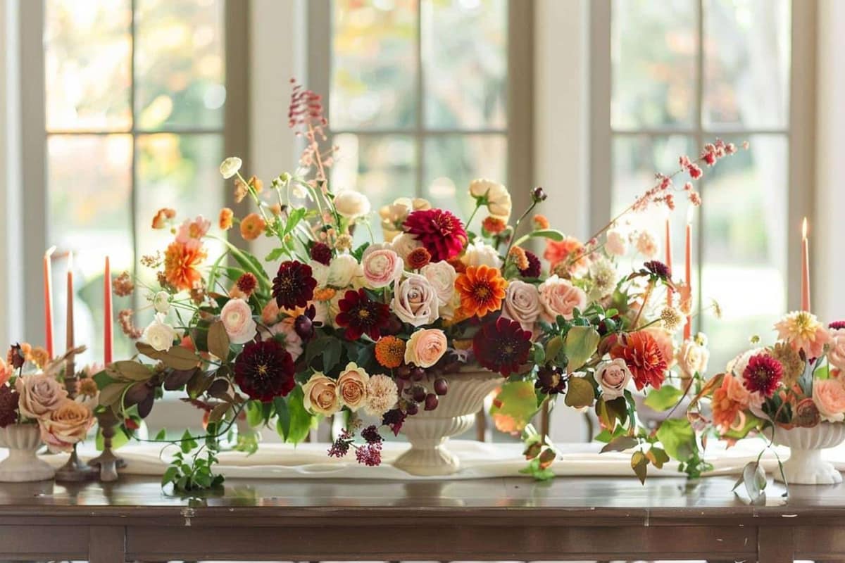 Centre de table automnal avec dahlias bordeaux, chrysanthèmes crème et feuillages verts