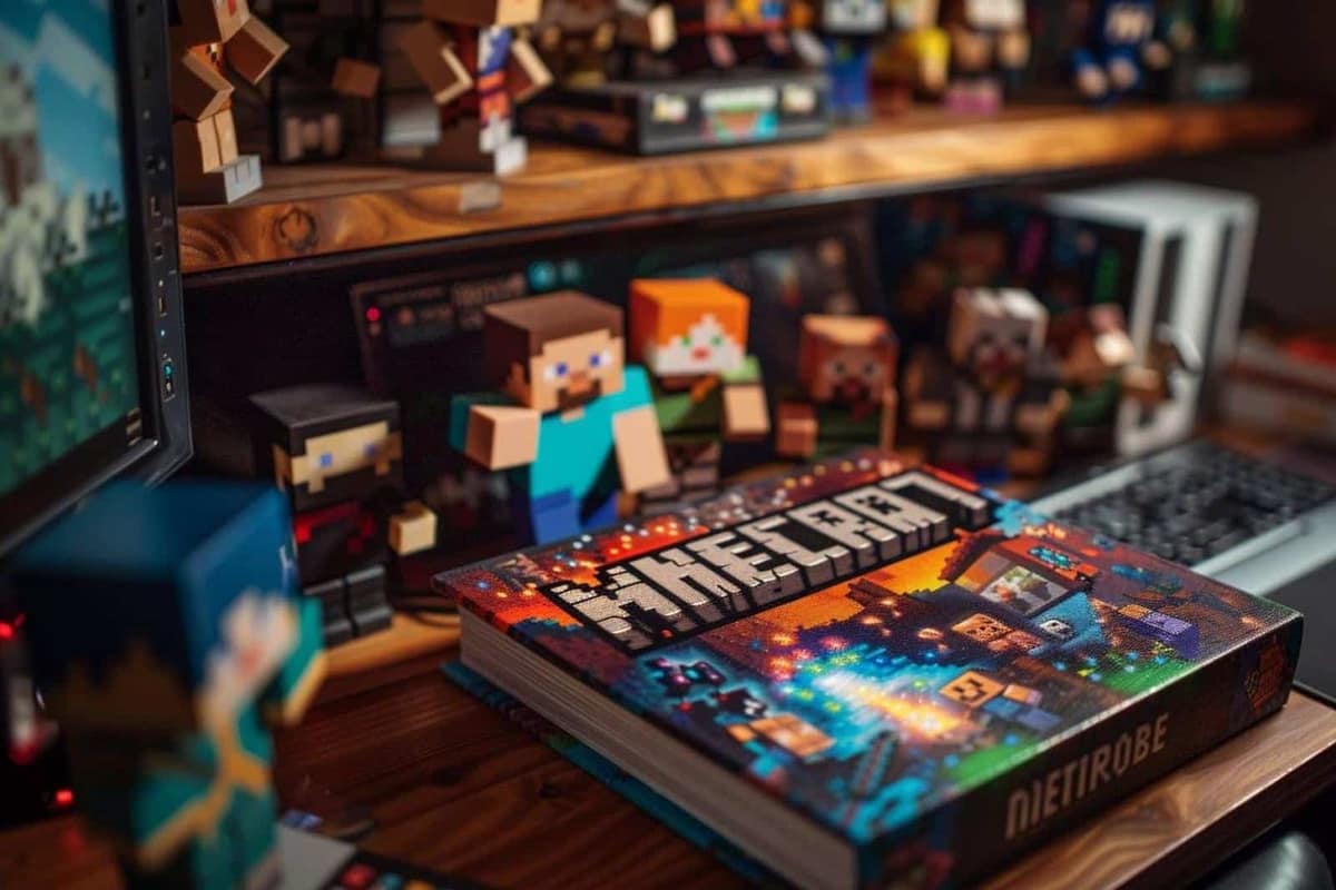Manuscrit illustré et ordinateur préparant un guide pratique sur Minecraft