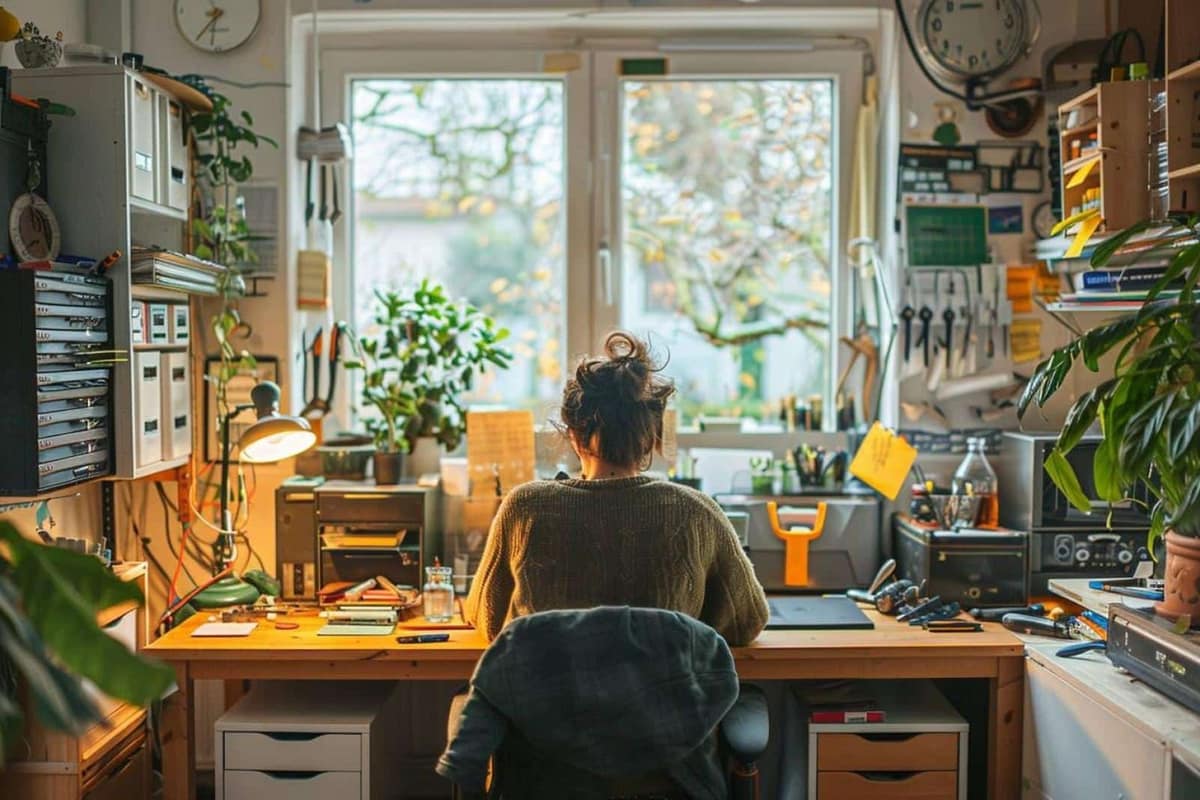 Bureau à domicile lumineux avec ordinateur surélevé, clavier externe et chaise réglable