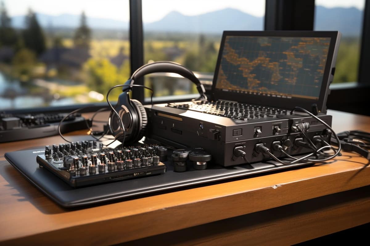 Microphone de podcast, casque et carnet installés dans un salon calme