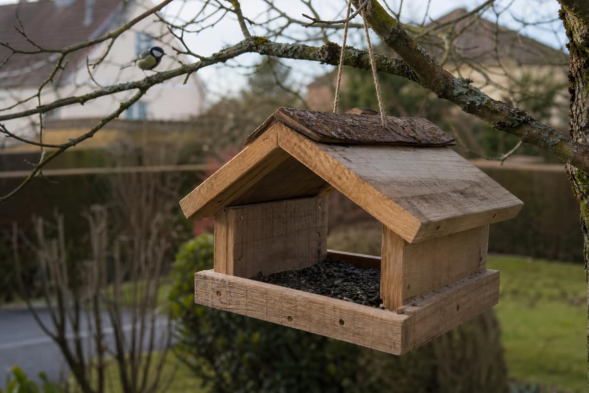 Mangeoire en bois recyclé suspendue dans un jardin avec graines de tournesol