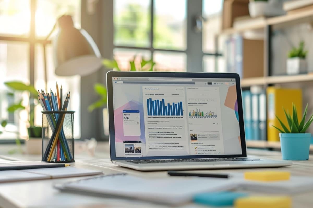 Mains configurant une page Facebook professionnelle sur smartphone et ordinateur portable
