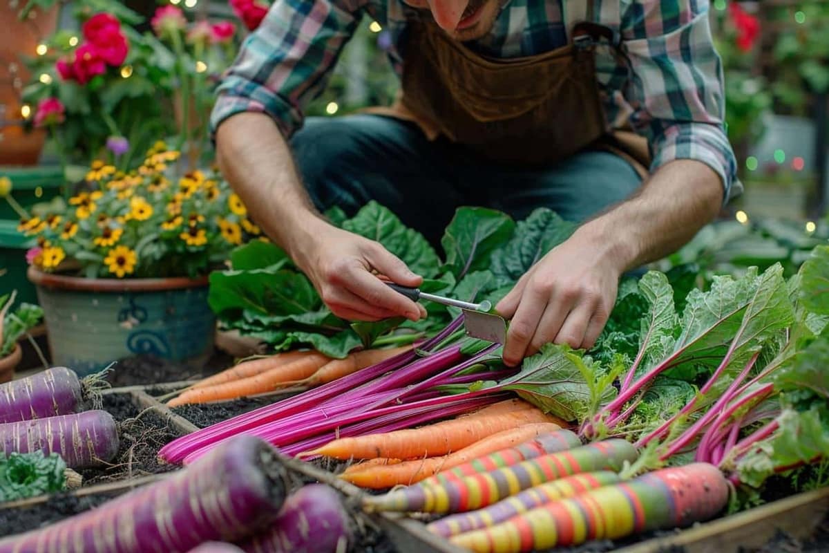 Potager d’automne avec tomatillos, chou-raves violets et tubercules d’oca récoltés