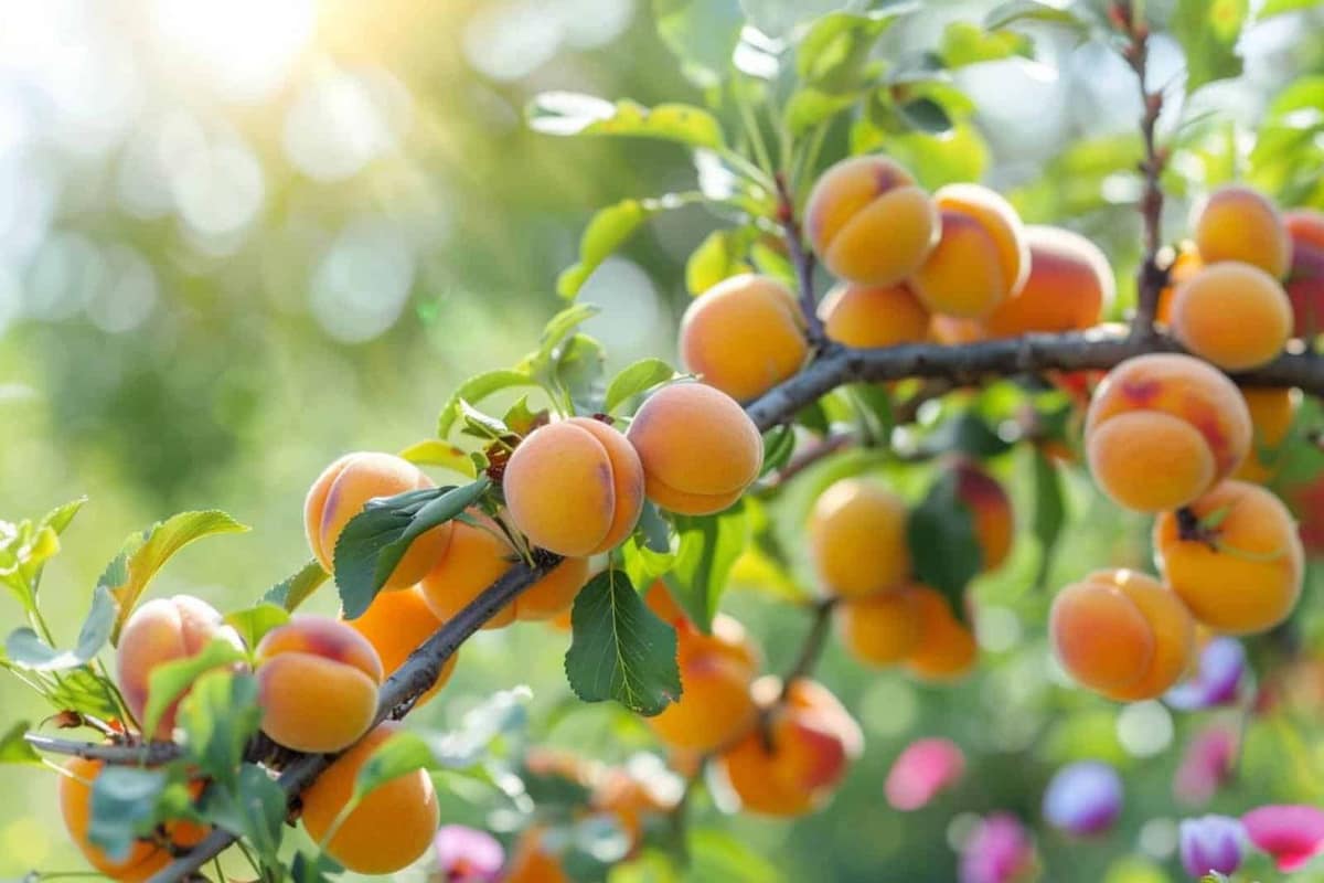 Jeune abricotier fleuri planté au soleil avec tuteur et paillage au pied