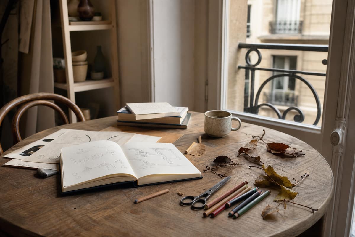 Carnet créatif ouvert, crayons et feuilles séchées sur une table lumineuse