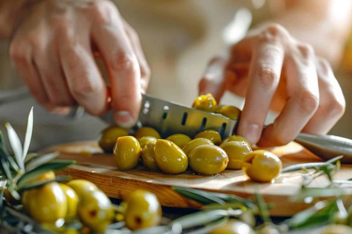 Olive verte ouverte au plat d’un couteau avec noyau retiré sur planche