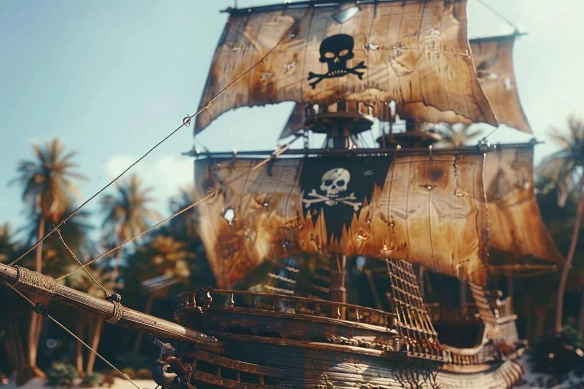 Dessin de bateau pirate avec crayons, feutre noir et vagues bleues sur table en bois