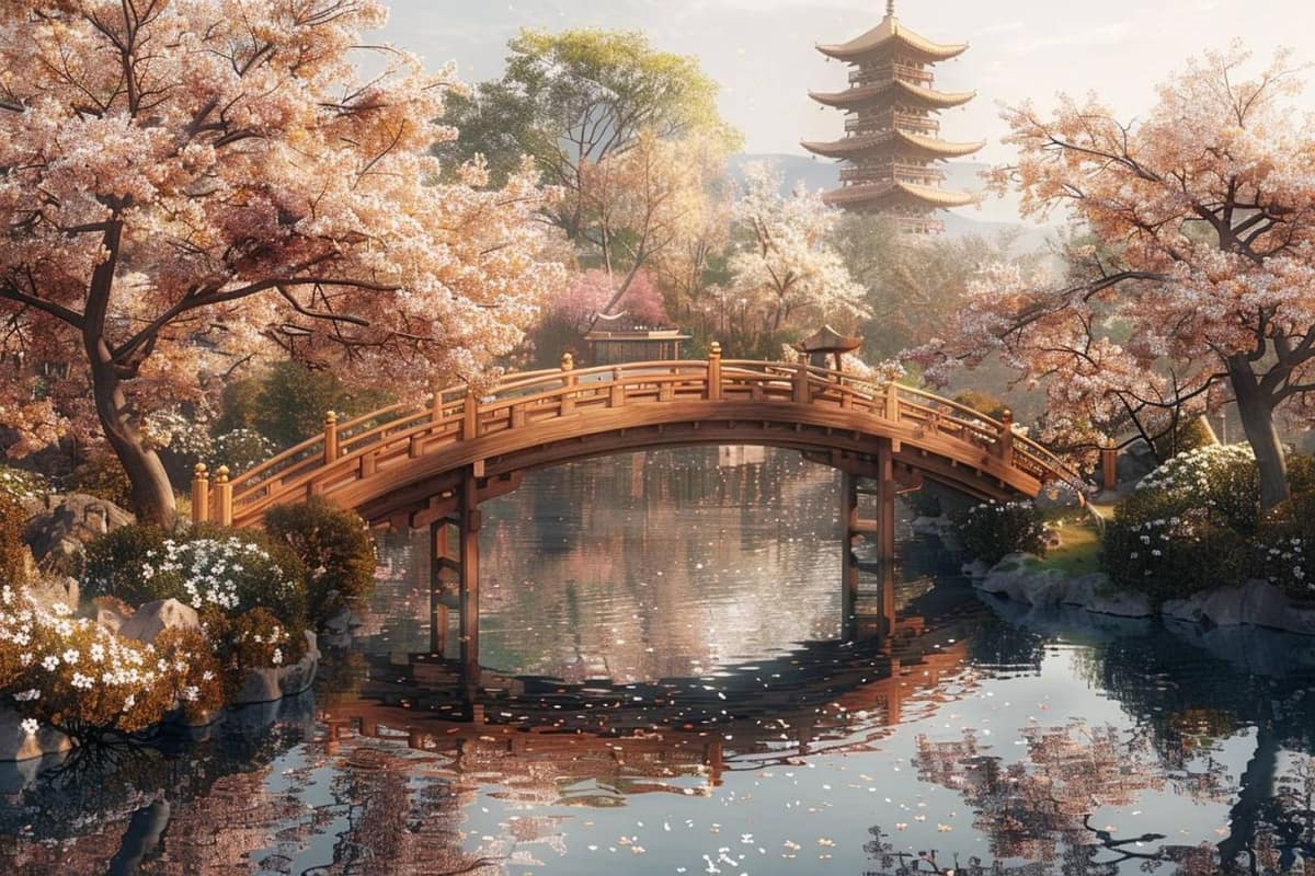 Croquis aquarellé de montagne, lac, pins et pavillon japonais sur table en bois