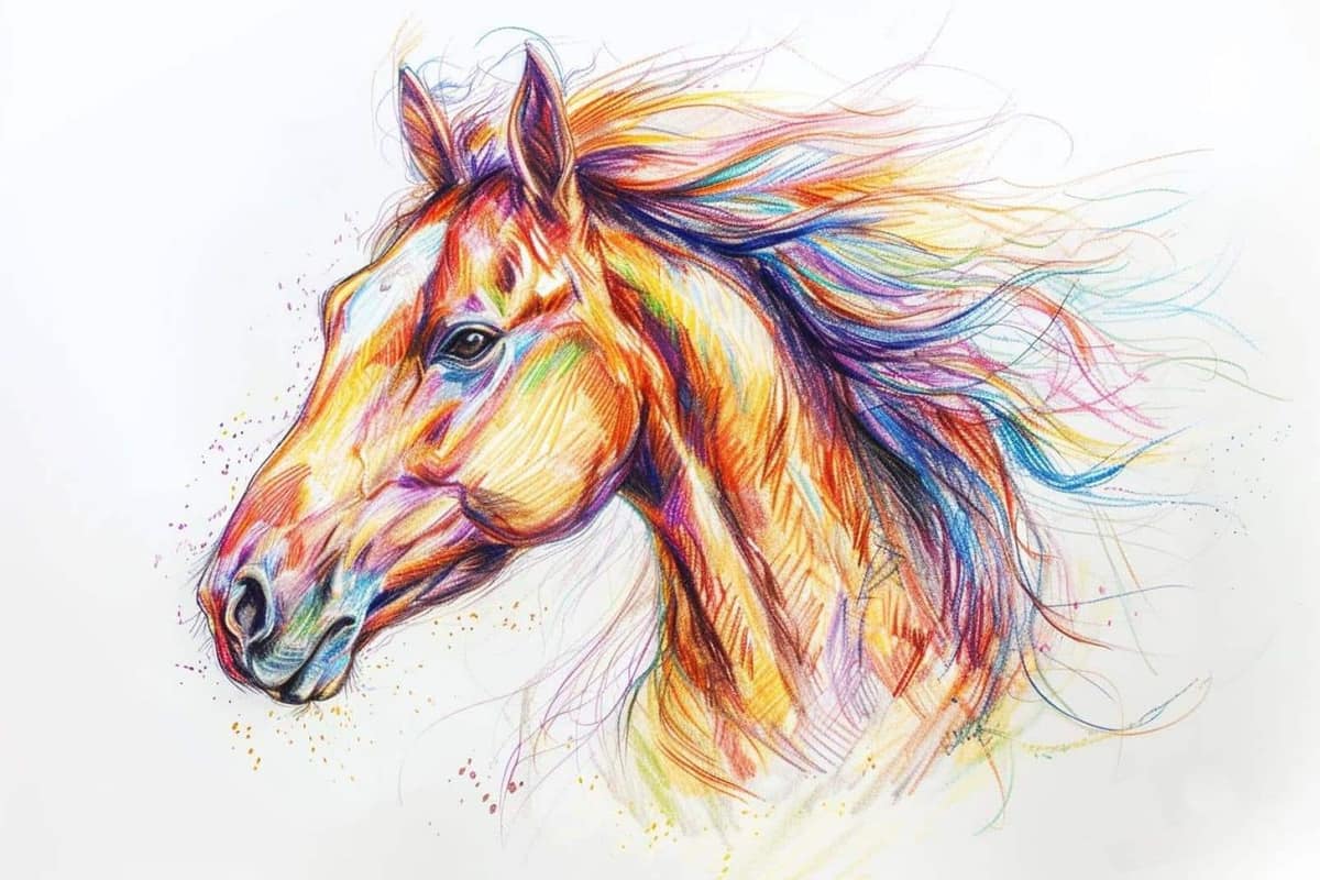 Main dessinant une tête de cheval au crayon sur un carnet blanc