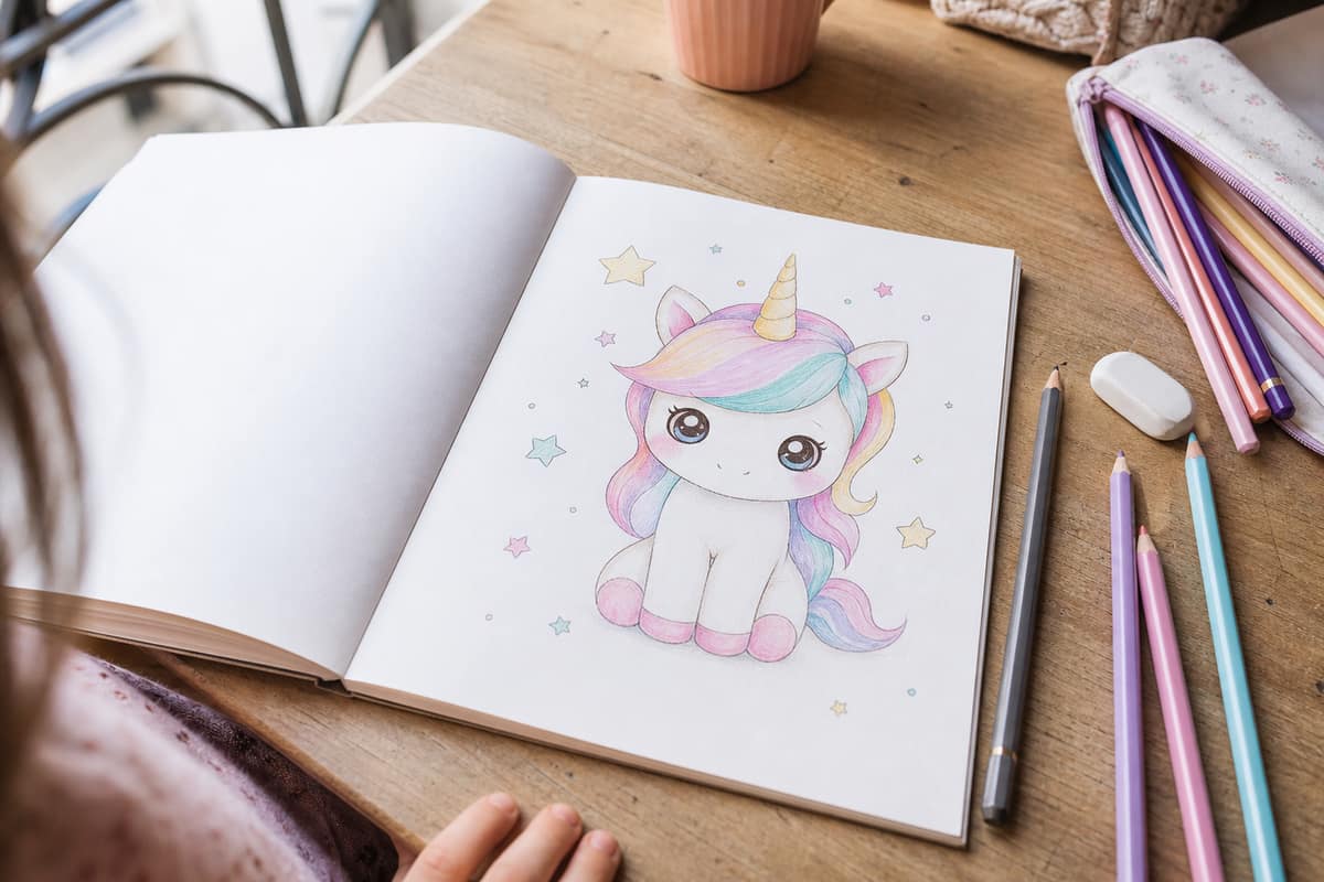 Carnet ouvert avec licorne kawaii dessinée au crayon et feutres pastel