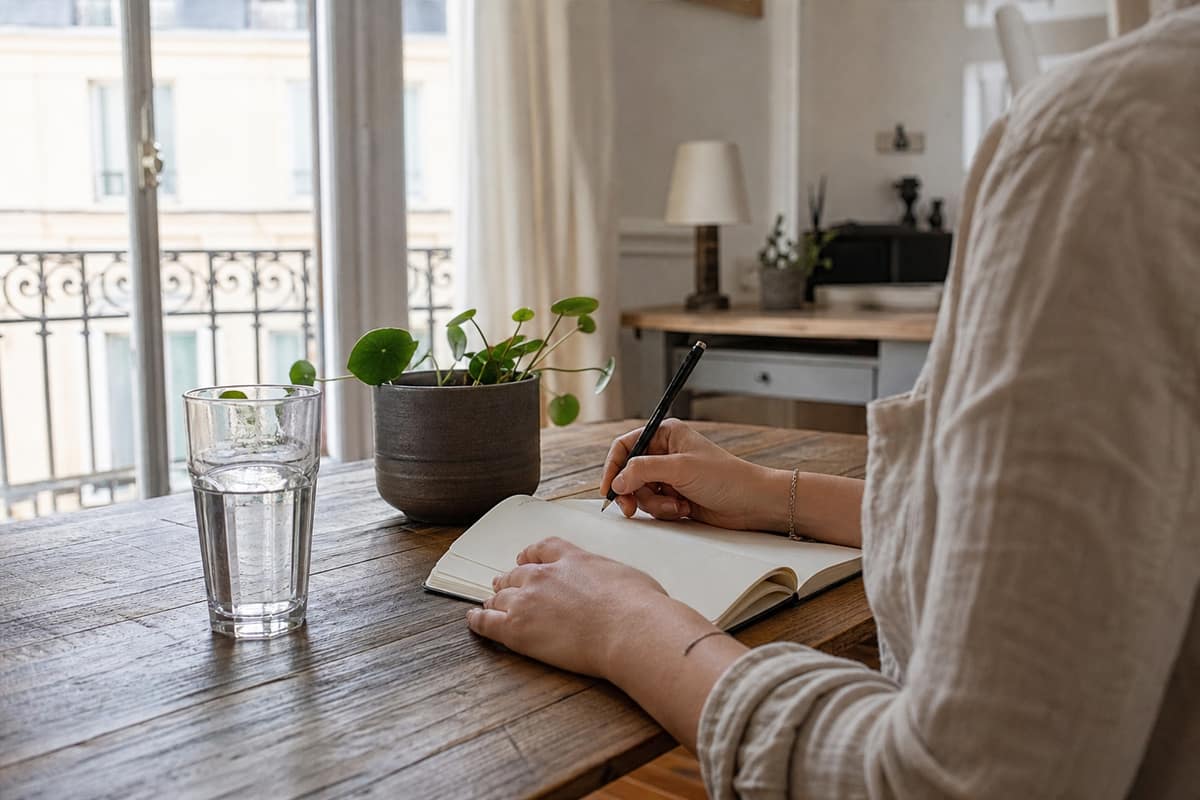 Carnet d’émotions ouvert sur une table en bois dans un appartement lumineux
