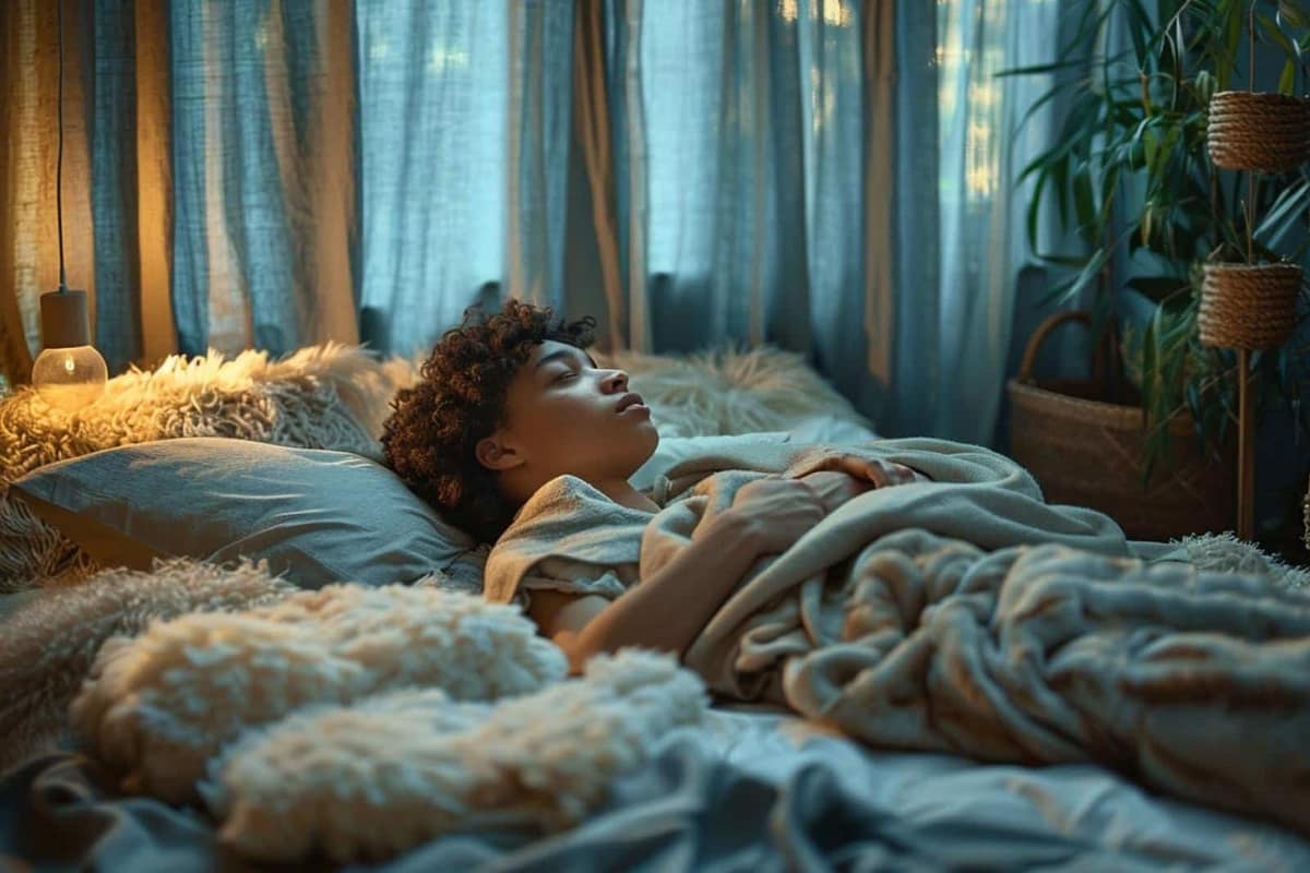 Chambre calme avec lit, livre, réveil et lumière douce avant le coucher