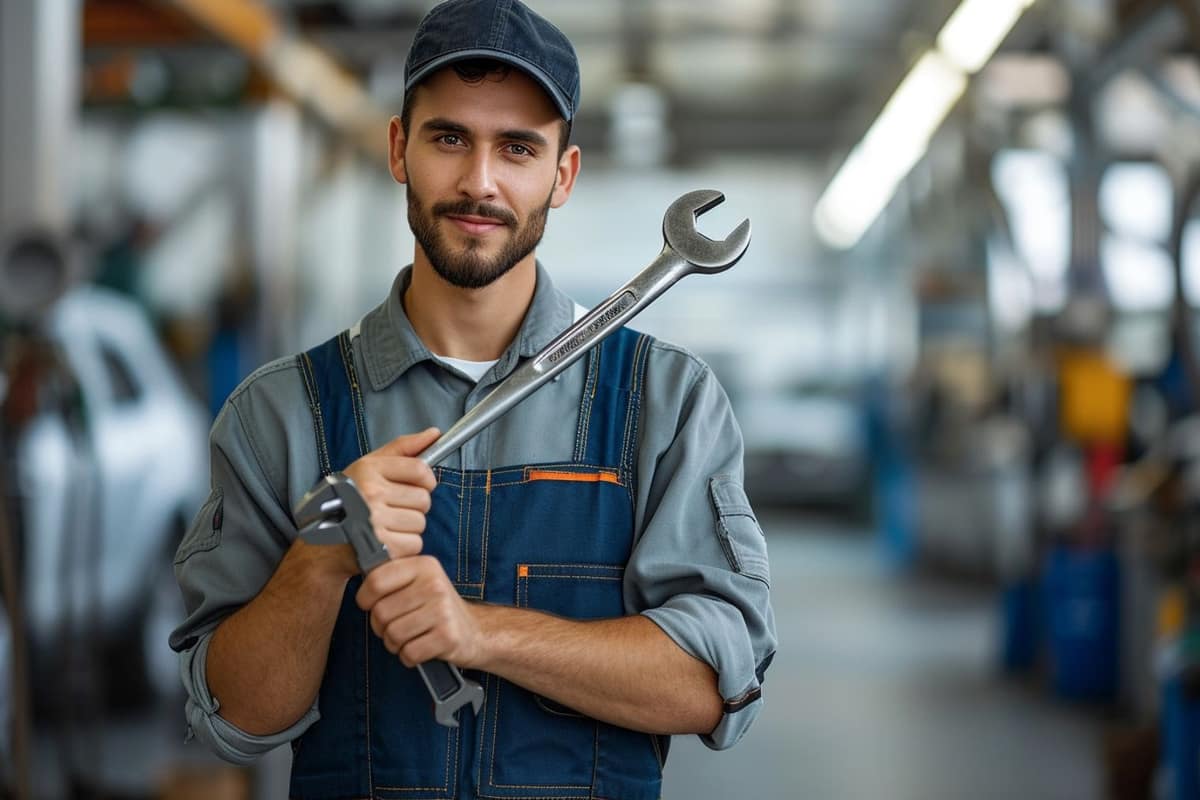 Technicien installant un pare-brise dans un atelier automobile lumineux
