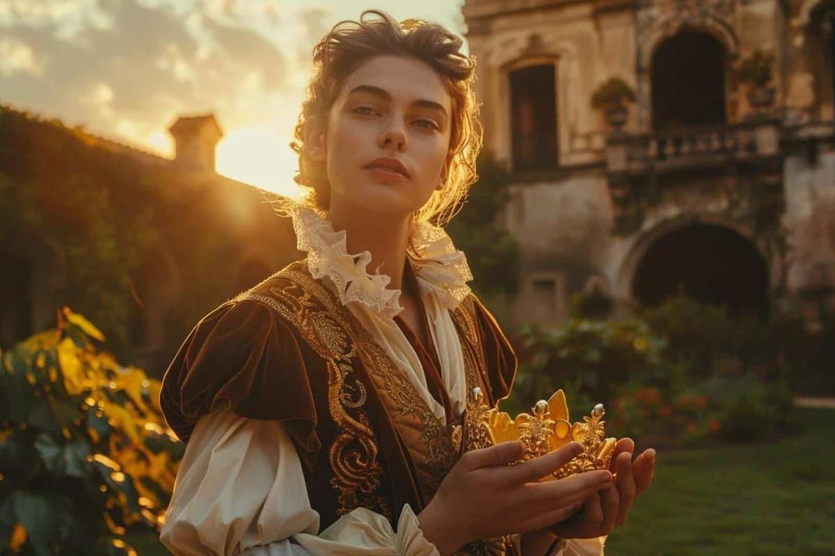 Couronne dorée et documents sur une table dans un château Renaissance français