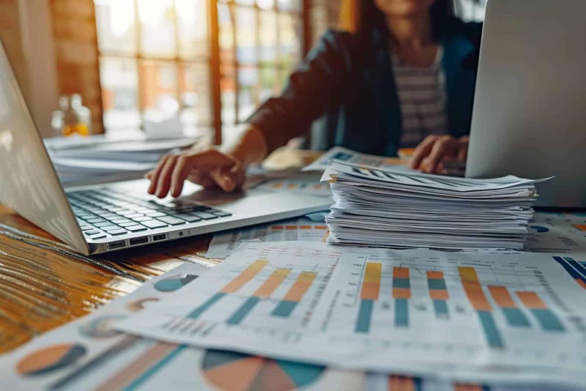 Table de budget avec ordinateur, calculatrice, relevés et pièces en euros