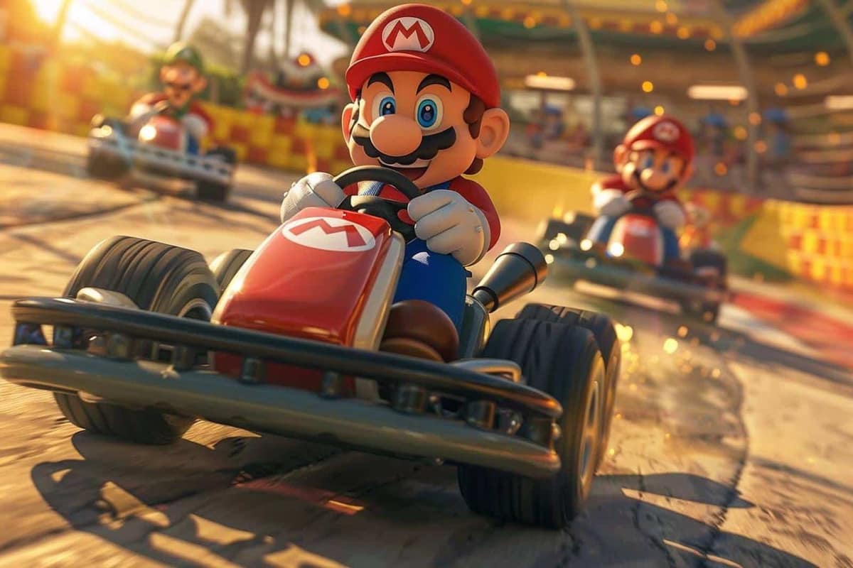 Console portable et manettes prêtes pour une course de kart en ligne