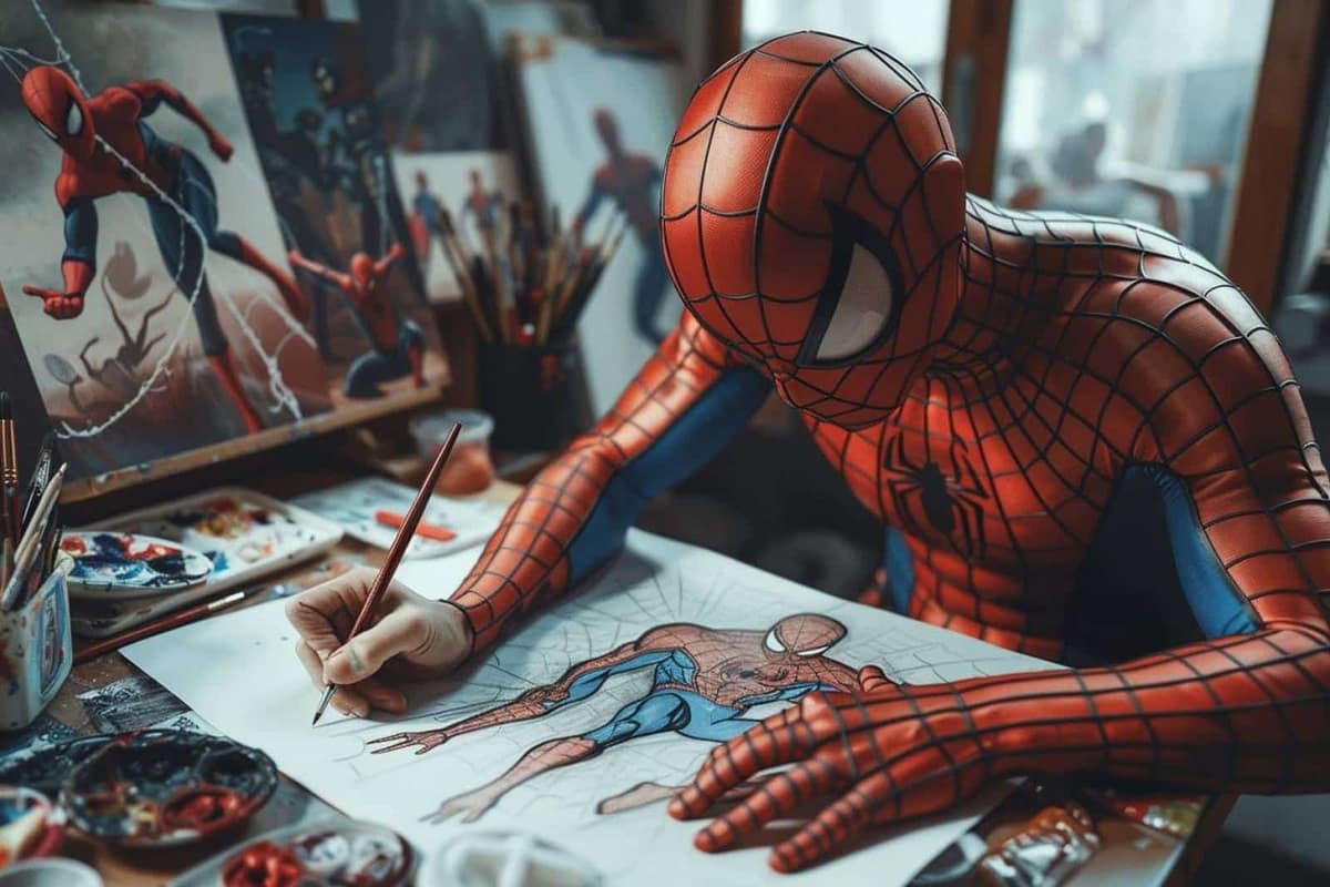 Carnet de croquis avec super-héros masqué, crayons et feutre noir sur un bureau