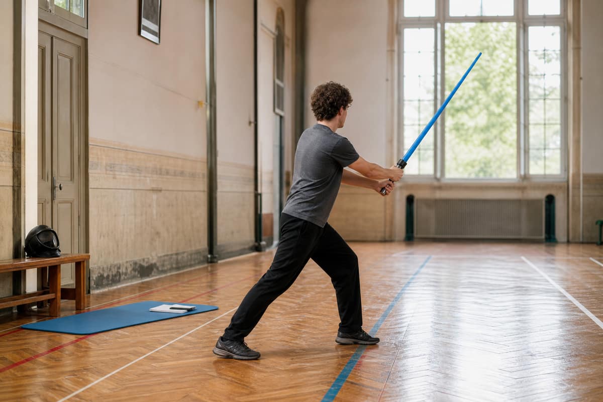 Pratiquant avec sabre d’entraînement lumineux dans une salle de sport lumineuse