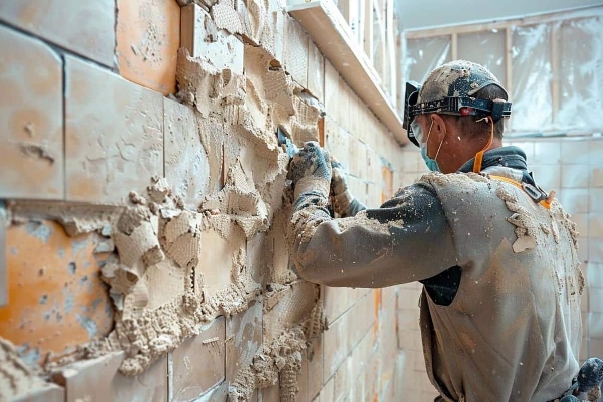 Mur de salle de bains en cours de décarrelage avec burin plat et bâche au sol