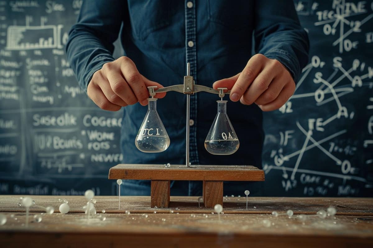 Cahier de chimie avec équations équilibrées, crayon et tableau périodique
