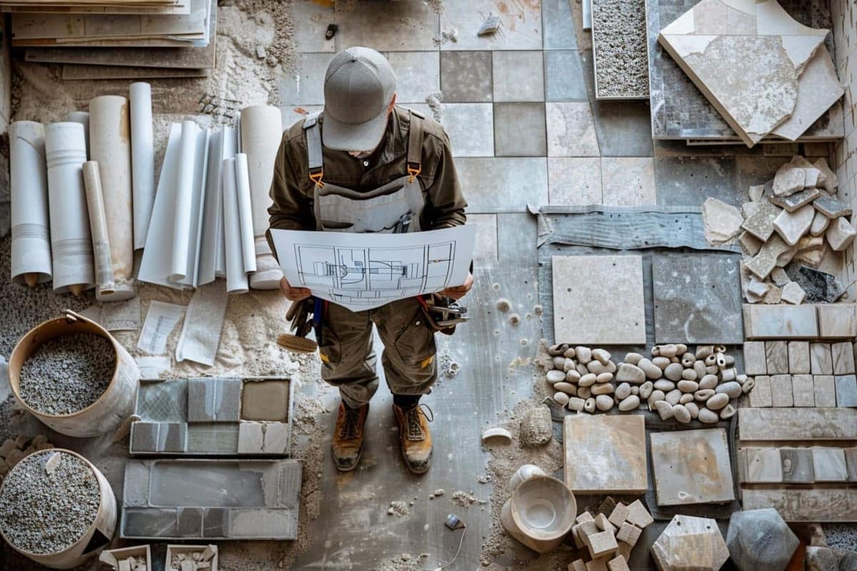 Plan coté, échantillons de carrelage et fournitures sur table de chantier