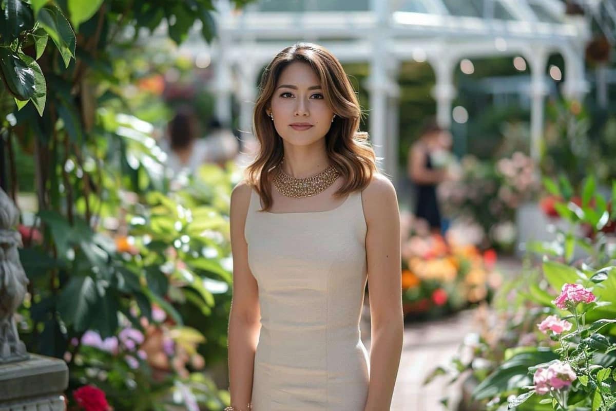 Robe midi verte, sandales dorées et pochette posées sur un fauteuil