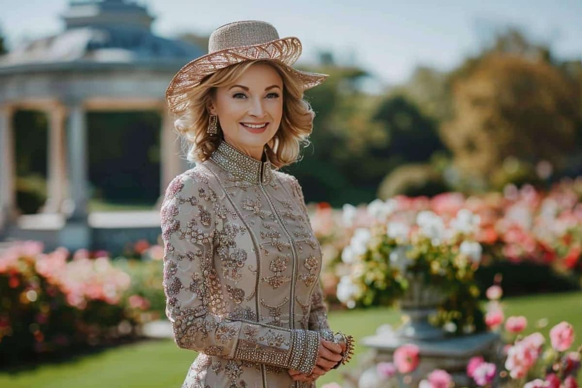 Tenue de mariage élégante avec robe midi, pochette et chaussures à talon bas