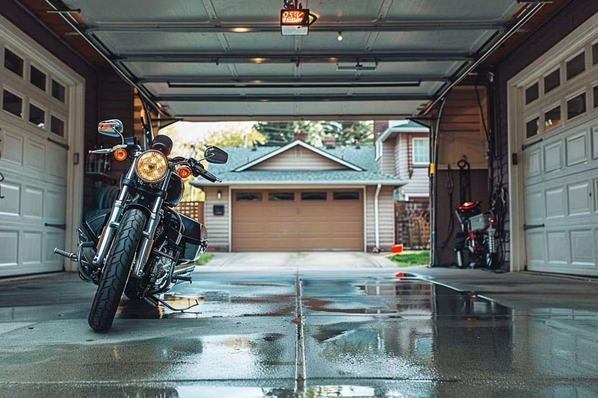 Moto garée dans un garage, reliée à un ancrage au sol par chaîne