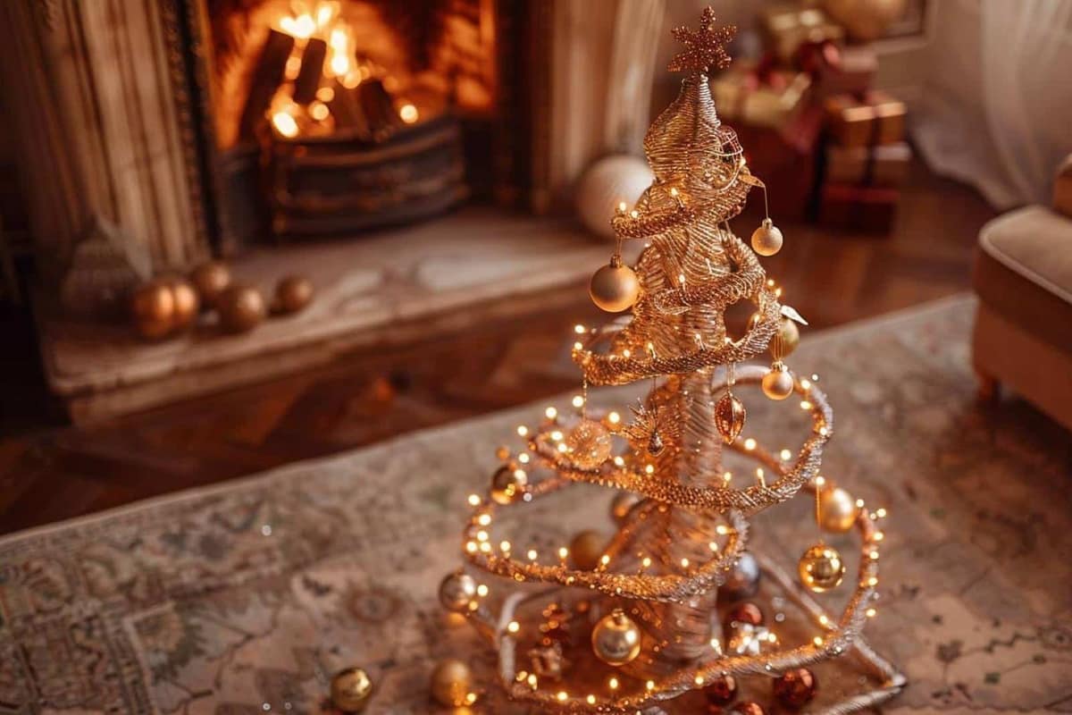 Sapin de table en fil galvanisé avec anneaux, LED et base en bois