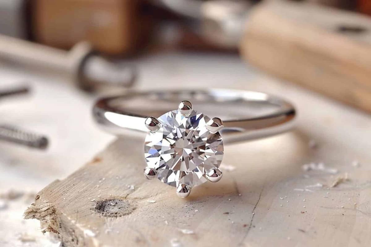 Bague réglable ornée de petits strass posée sur un établi créatif