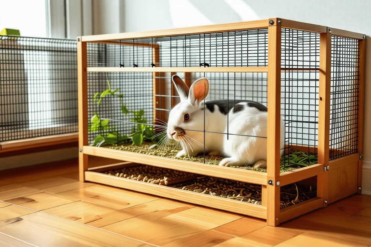 Enclos intérieur en bois et grillage aménagé pour un lapin domestique
