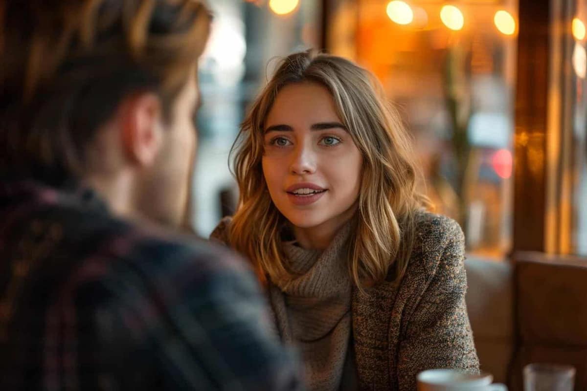 Deux adultes discutent calmement autour d’une table avec notes et deux tasses