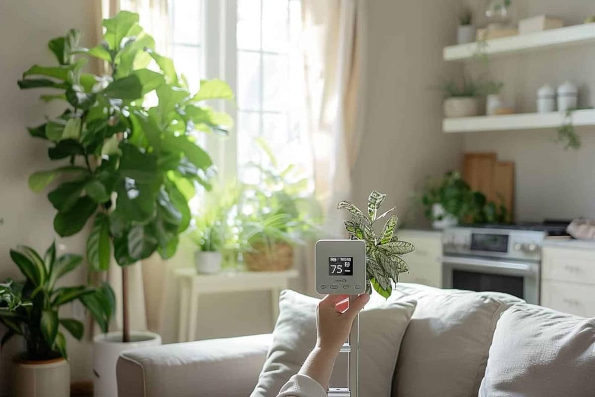 Salon français isolé avec thermostat, radiateur dégagé, rideaux et lumière naturelle