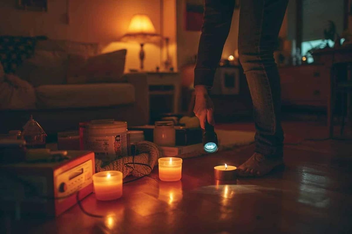 Kit de secours lumineux posé dans une cuisine pendant une coupure d’électricité