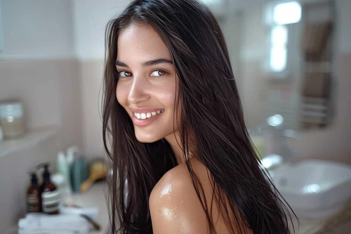 Cheveux longs démêlés doucement avec un peigne à dents larges dans une salle de bains