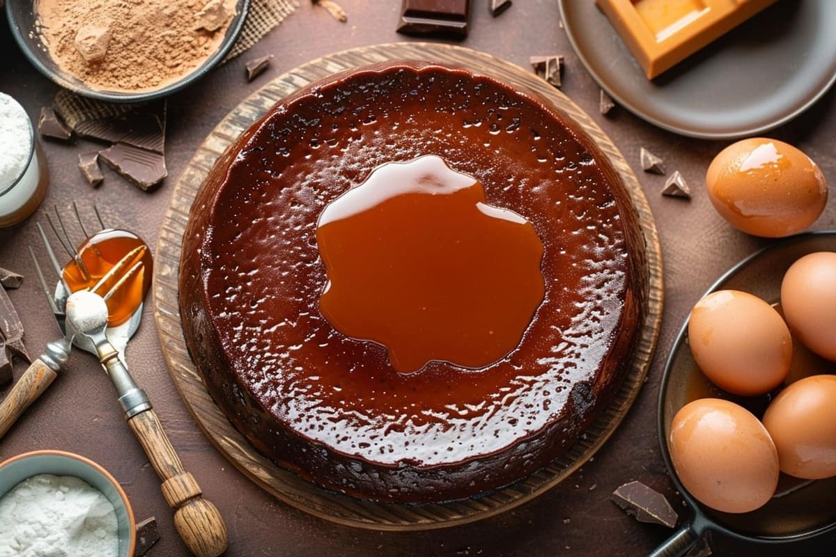 Flan au chocolat épais découpé en parts sur un plat en céramique