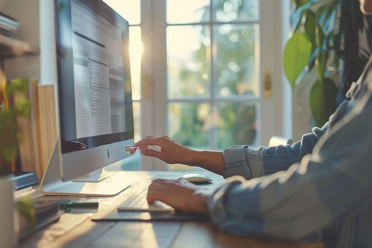 Écran externe noir devant un ordinateur portable allumé sur un bureau.