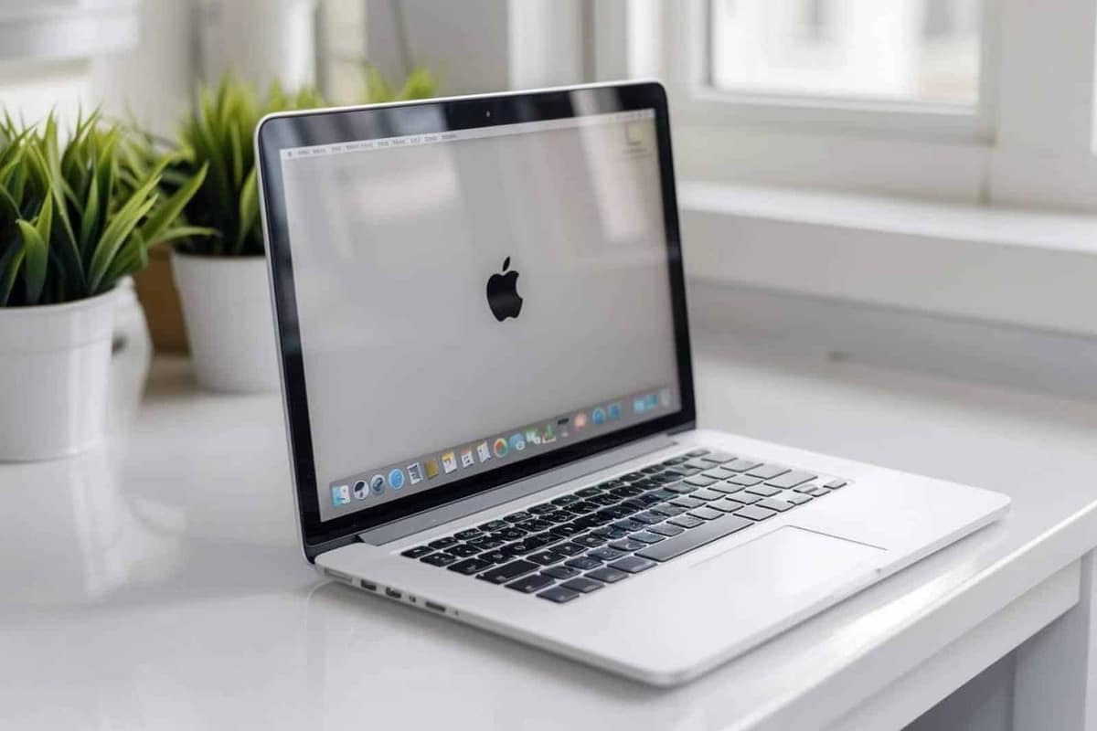Ordinateur portable relié à un disque externe sur un bureau lumineux