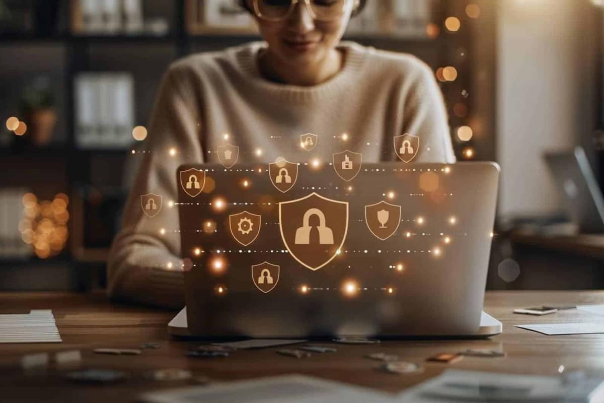 Ordinateur, smartphone et clés de sécurité posés sur un bureau familial
