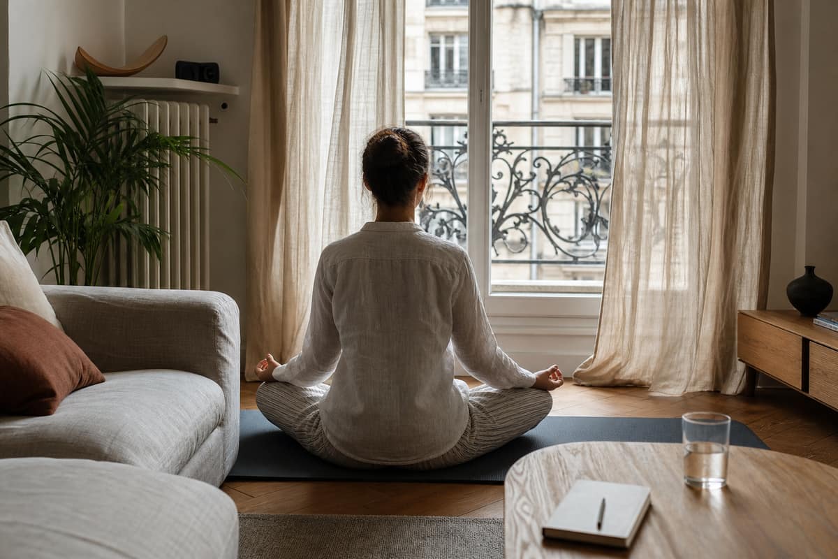 Personne assise près d’une fenêtre, carnet et verre d’eau à côté