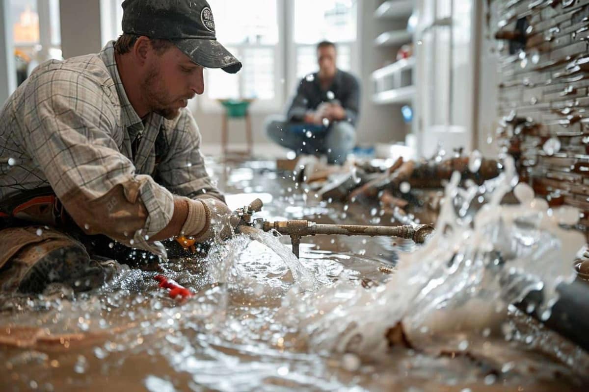 Plafond taché par une fuite et meubles protégés dans un appartement