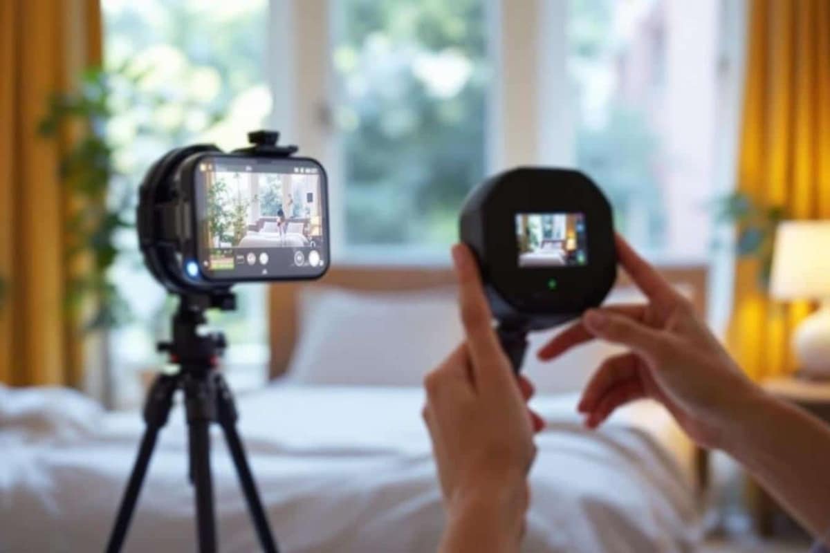 Téléphone éclairant un réveil dans une chambre de location de vacances